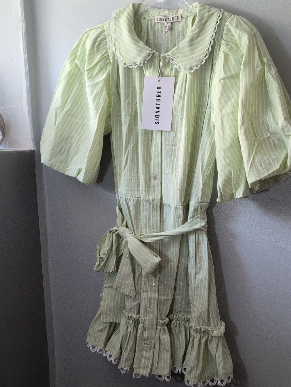 Signature8 Pale Green Striped Button-Front Dress with Lace Collar